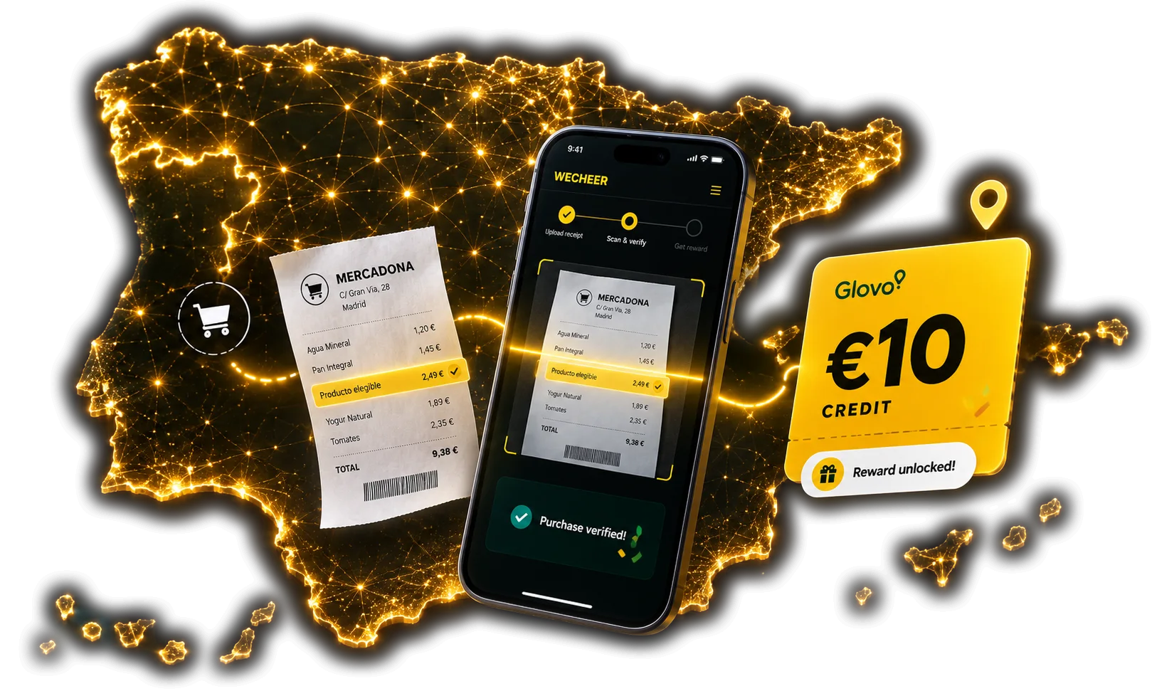 A map of Spain with one campaign spreading from a single point to points of sale across the country, beside a phone showing a reward