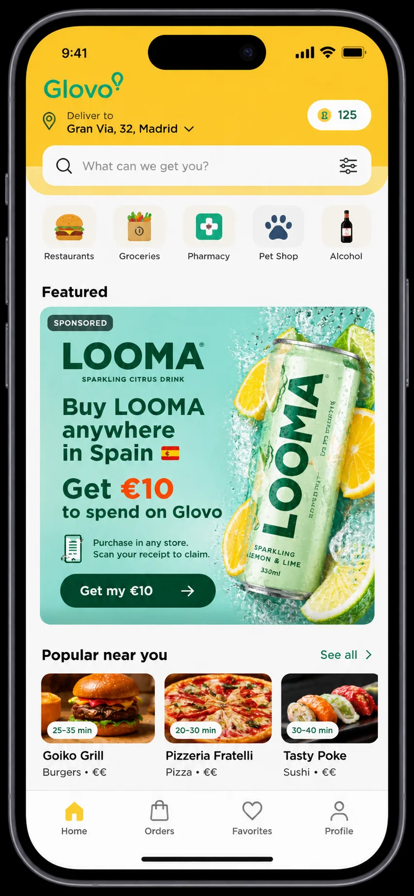 Paso 1: la marca aparece como patrocinada en la app de Glovo