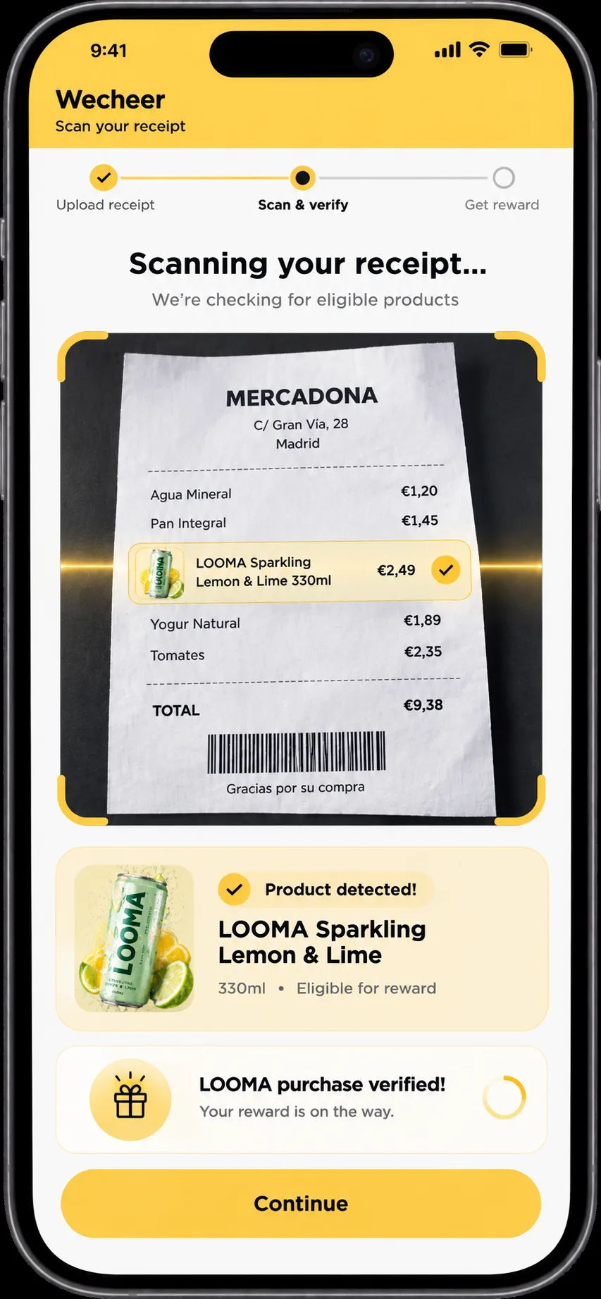 Paso 2: Wecheer escanea el ticket y detecta el producto elegible