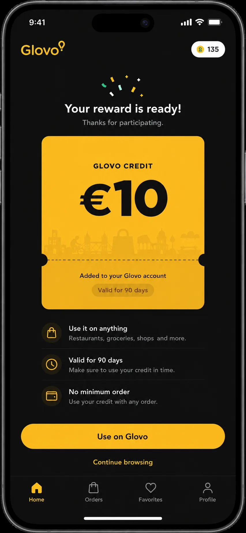 Paso 3: recompensa desbloqueada, un vale de Glovo de 10€